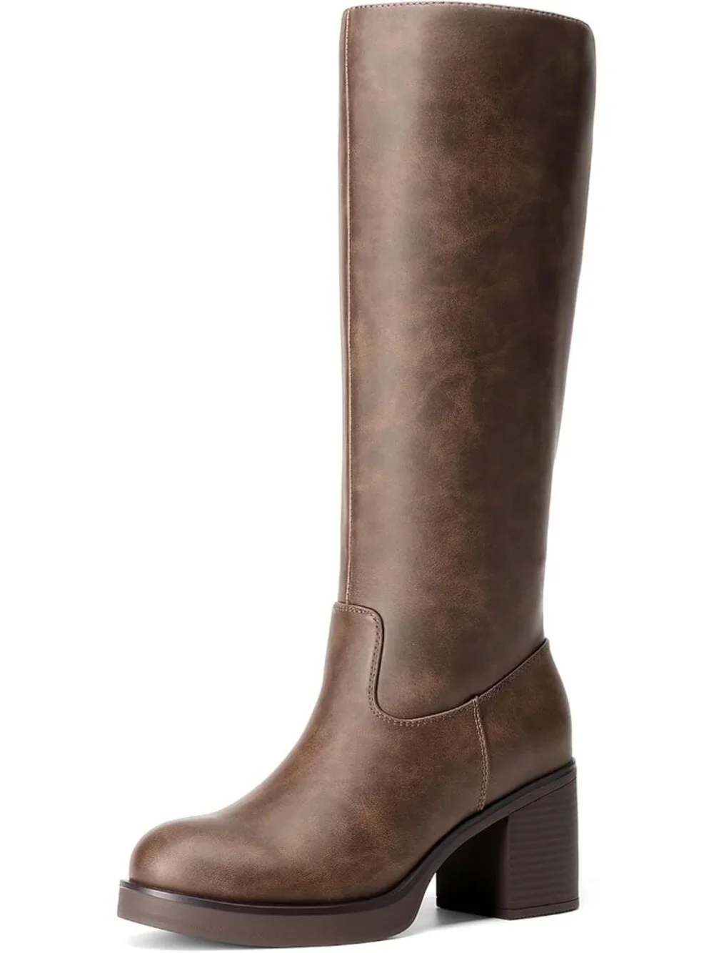 Women's Dark Brown Block Heel Round Toe Faux Leather Side Zipper Knee High Boots